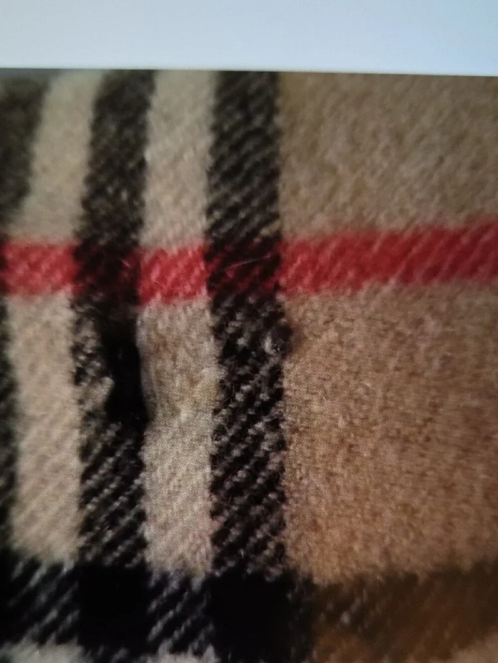 Burberry Beige Plaid Scarf with Black, White and Red Accents